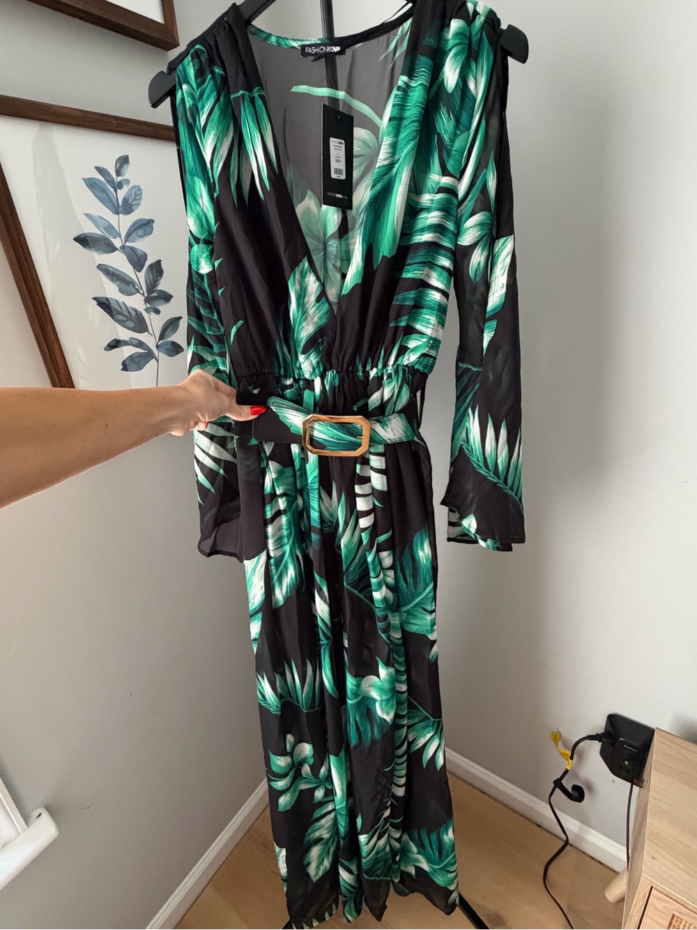 Fashion Nova Black Maxi Dress with Green Tropical Print